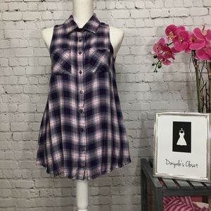 Plaid Sleeveless Button Up Top